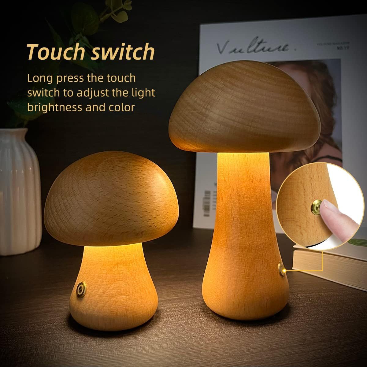 Veilleuse LED champignon en bois avec interrupteur tactile