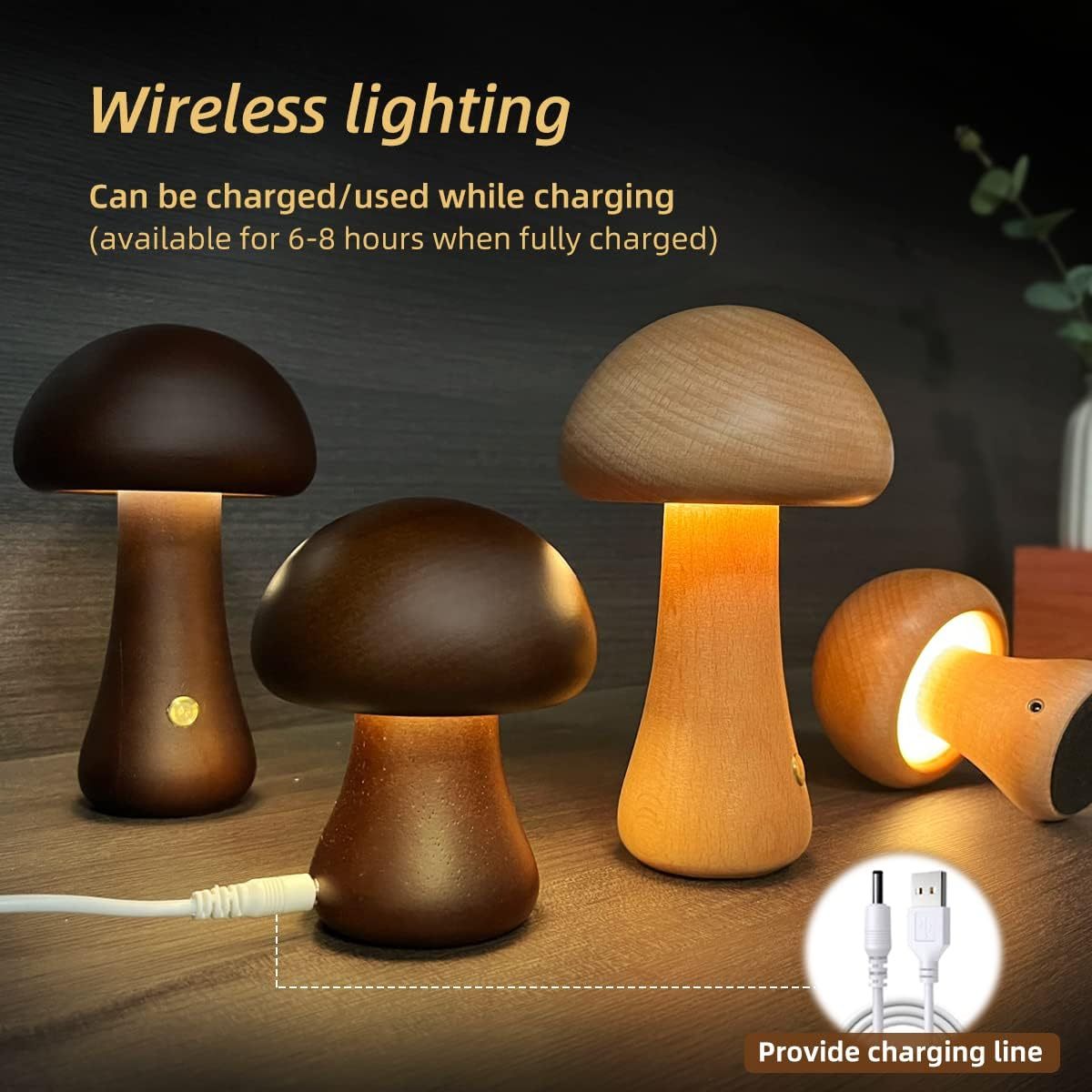 Veilleuse LED champignon en bois avec interrupteur tactile